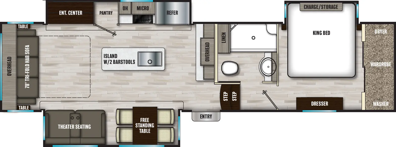 The 336RL has three slideouts and one entry. Interior layout front to back: front bedroom with off-door side king bed slideout, front wardrobe with washer and dryer, and door side dresser; off-door side full bathroom with linen closet; two steps down to entry and main living area; counter and overhead cabinet along inner wall; kitchen island with two barstools and sink; off-door side slideout with refrigerator, microwave, countertop, pantry, and entertainment center; door side slideout with free-standing table and theater seating; rear tri-fold hide-a-bed sofa with overhead cabinet and tables on each side.