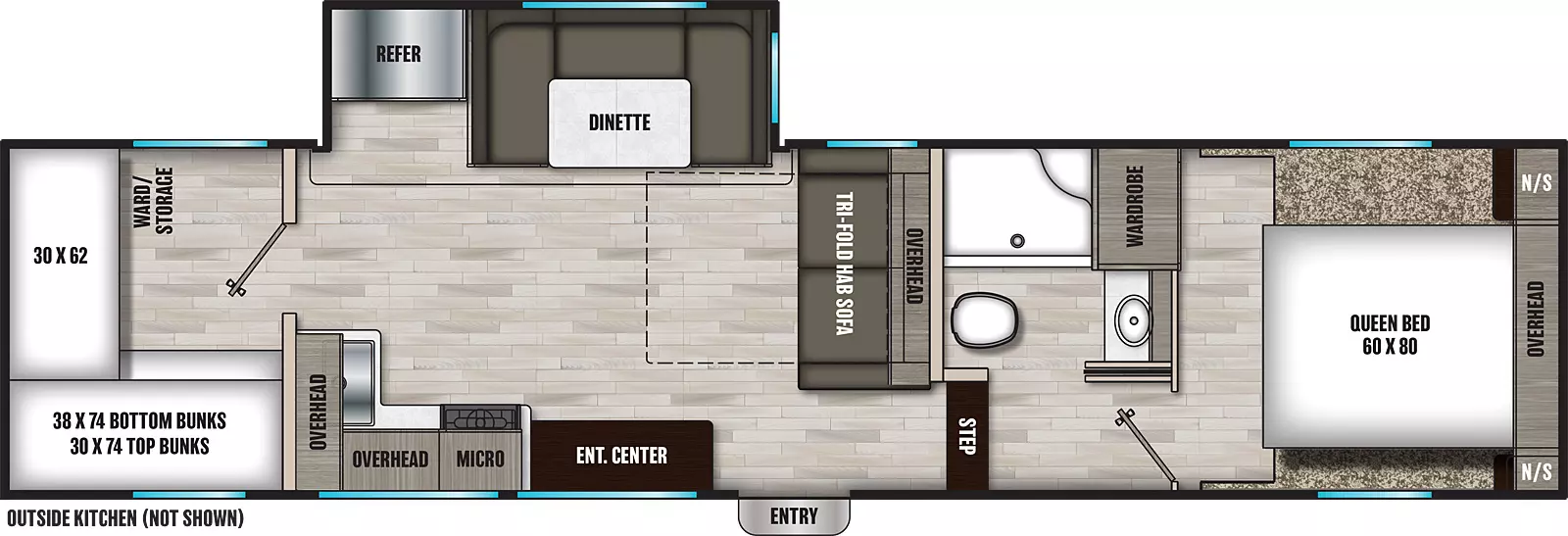 The 274BH has one slideout and one entry. Exterior features an outside kitchen. Interior layout front to back: front bedroom with foot facing queen bed, overhead cabinet, night stands on each side and wardrobe on off-door side; off-door side aisle full bathroom; step down to main living area and entry; tri-fold hide-a-bed sofa with overhead cabinet along inner wall; off-door side slideout with dinette and refrigerator; door side entertainment center, microwave, and kitchen counter that wraps to inner wall; rear bunk room with rear bunk, and door side bunks.