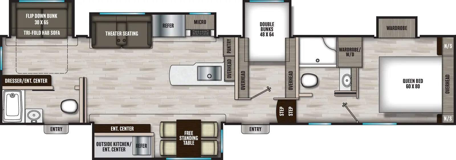 The 373MBRB has five slideouts and two entry doors. Exterior features an outside kitchen and entertainment center. Interior layout front to back: front bedroom with foot facing queen bed with overhead cabinet and night stands on each side, and off-door side wardrobe slideout, and wardrobe with washer/dryer; off-door side full bathroom; two steps down to entry, and off-door side bunk room with double bunks and overhead cabinets; kitchen counter that wraps from the middle of the unit to the off-door side wall with overhead cabinet and pantry; door side slideout with free-standing table and entertainment center; off-door side slideout with microwave, refrigerator, and theater seating; rear bunk room with off-door side slideout with tri-fold hide-a-bed sofa below a flip-down bunk, dresser and entertainment center along inner wall with door side full bathroom with second entry.