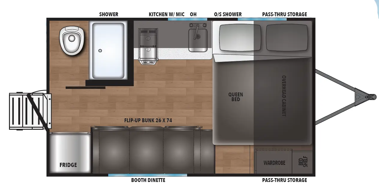 The 14BH has no slide outs and 1 entry door at the rear of the travel trailer. Exterior features include front pass through storage and road side outside shower. Interior layout from front to back includes: side-facing Queen bed with overhead cabinet; wardrobe and bed shelf in front right corner; road-side kitchen with stovetop, sink and microwave; curb-side booth dinette and flip-up 26 x 74 bunk; rear curb side corner refrigerator; rear road side corner bathroom with toilet and shower.