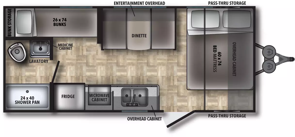 The 18BH has no slideouts and one entry door on the door side. Interior layout from front to back: front bedroom with side-facing queen bed; kitchen living dining area; dinette with entertainment overhead on the off-door side; door side  kitchen containing double basin sink, microwave cabinet, cook top stove, overhead cabinet, and refrigerator; rear bathroom; and rear bunks and bunk storage.